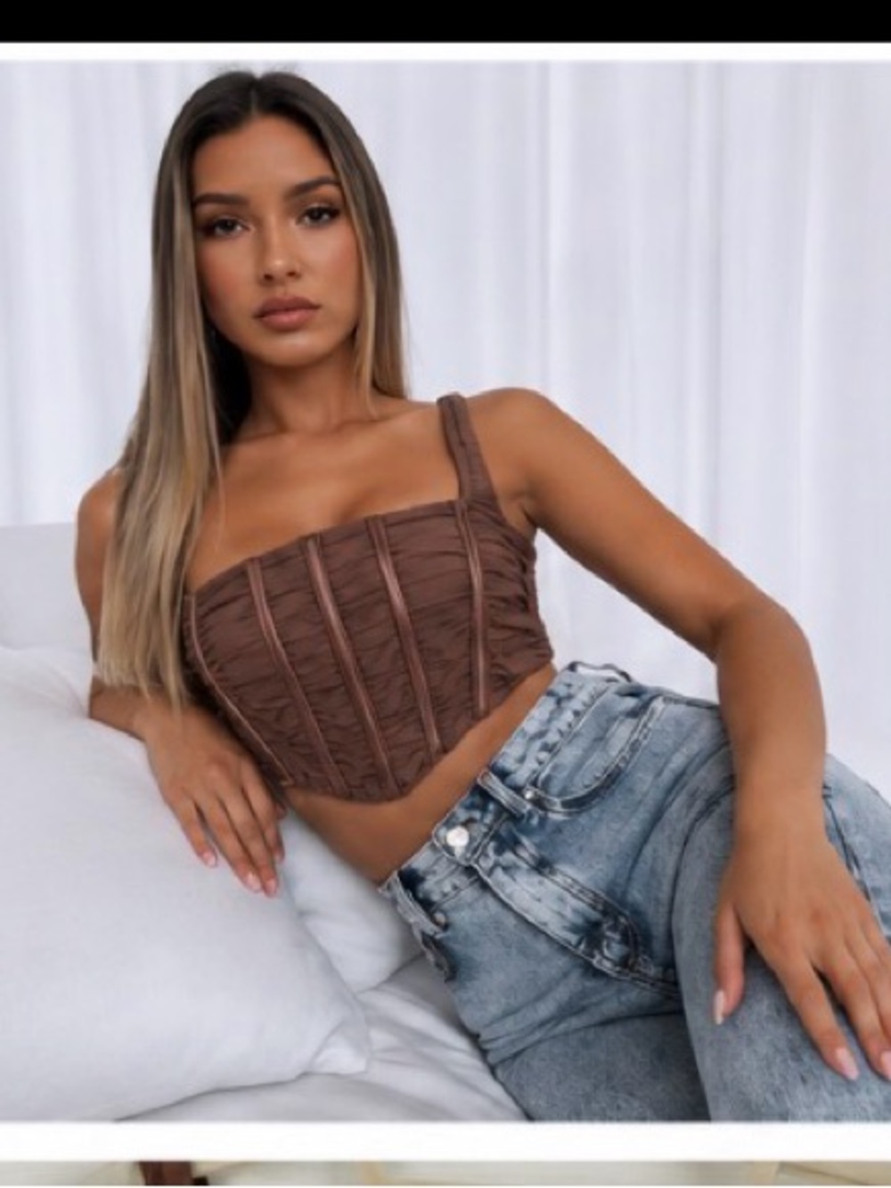 White Fox do what you want bustier Brown Ruched Corset Crop Top - Women